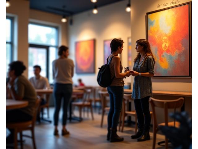 Local artist displaying their artwork in the cafe, with customers viewing