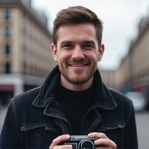 Portrait of Benjamin Reade, a photographer with a vintage camera, smiling thoughtfully.