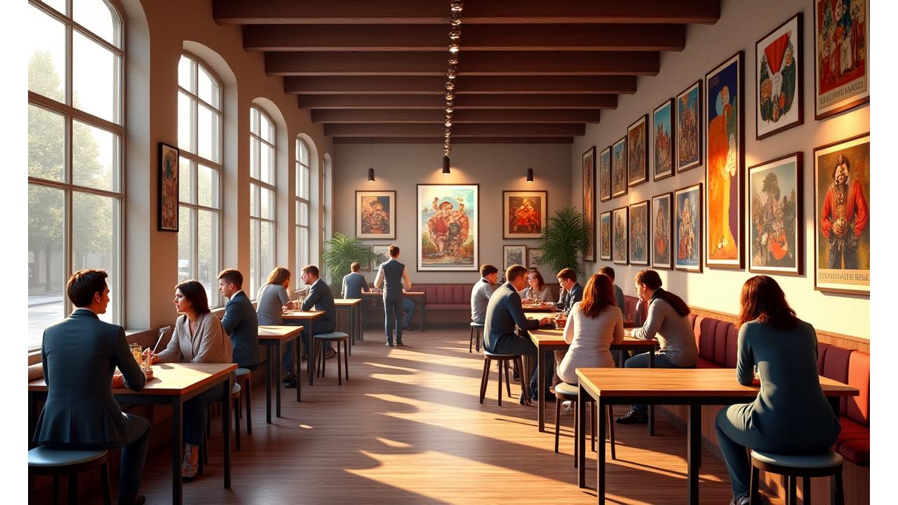 An inviting coffee shop interior with warm lighting, featuring paintings and sculptures displayed professionally on gallery walls. Patrons are enjoying coffee while admiring the art.