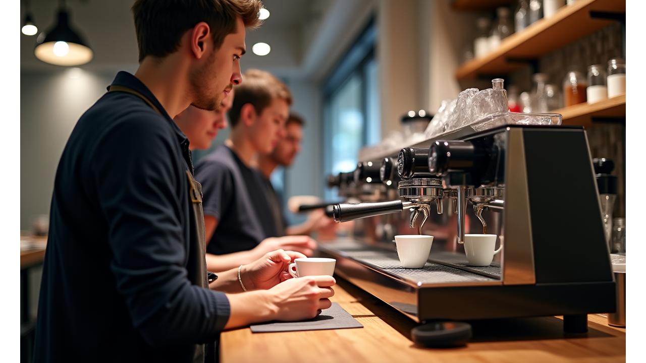 A barista expert teaching students about espresso extraction with professional coffee equipment.