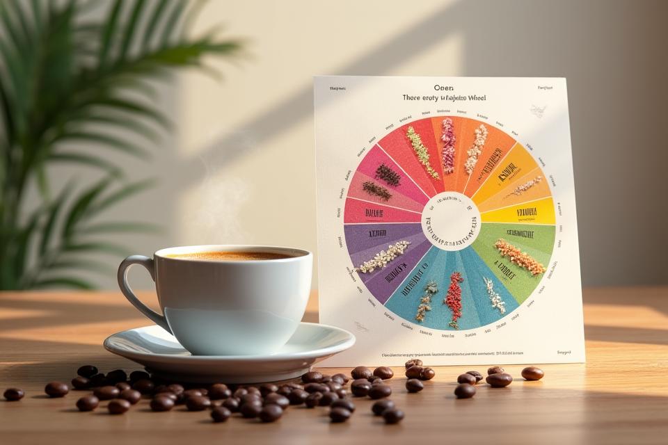 A coffee flavour wheel with various aroma and taste descriptors, next to a coffee cup and beans.