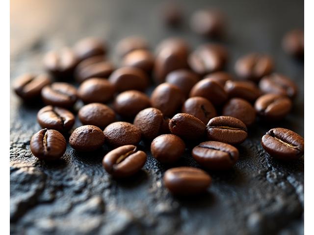 Hawaiian Kona coffee beans, showing rich, dark color.