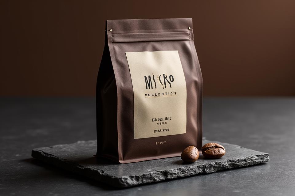 A beautifully packaged small bag of exclusive micro-lot coffee beans, with a premium, artisanal label.