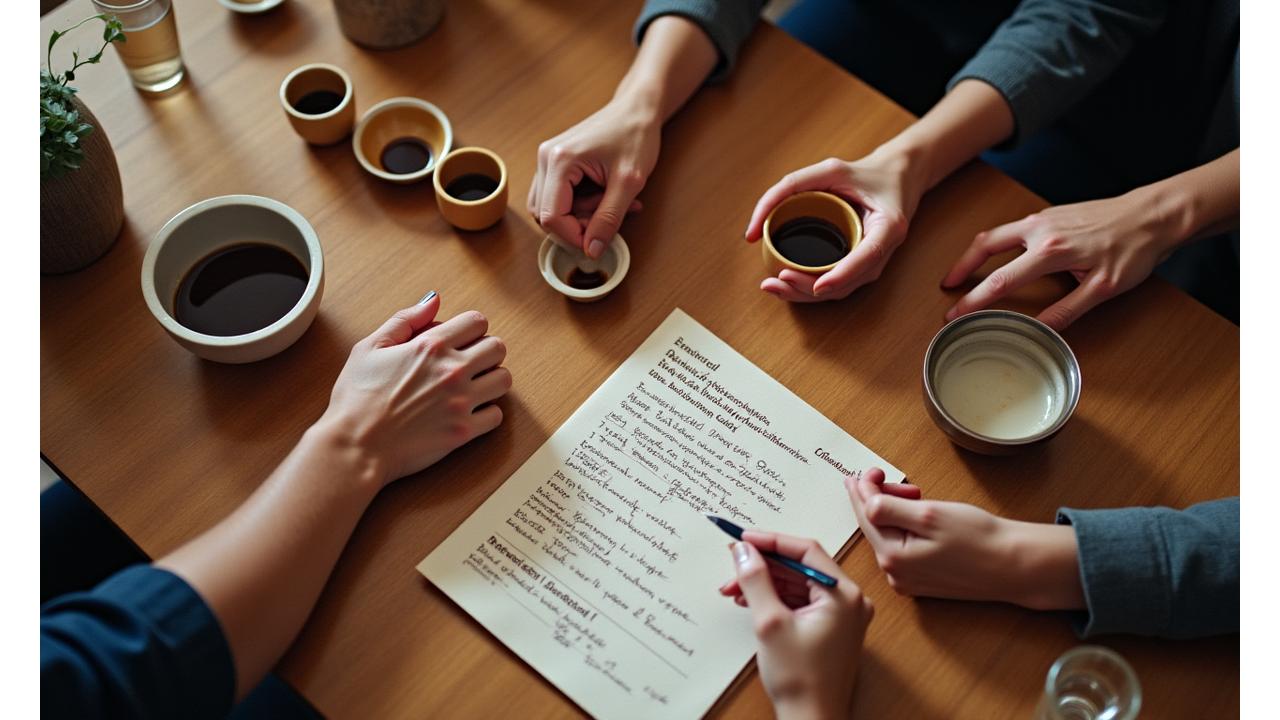 Hands performing professional coffee cupping, with tasting notes and beakers on a wooden table.
