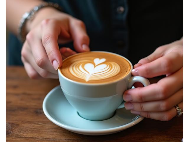 Close up of hands learning latte art techniques with a skilled barista guiding them in a coffee workshop setting.