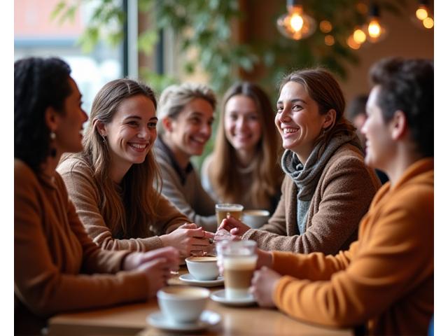 Diverse group of people happily interacting and laughing at a community event inside a warm, inviting cafe, showcasing lively conversations and shared moments.