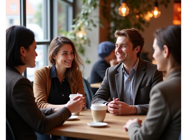 A diverse group of professionals casually networking in a modern cafe setting, engaged in lively discussion with coffee cups in hand.