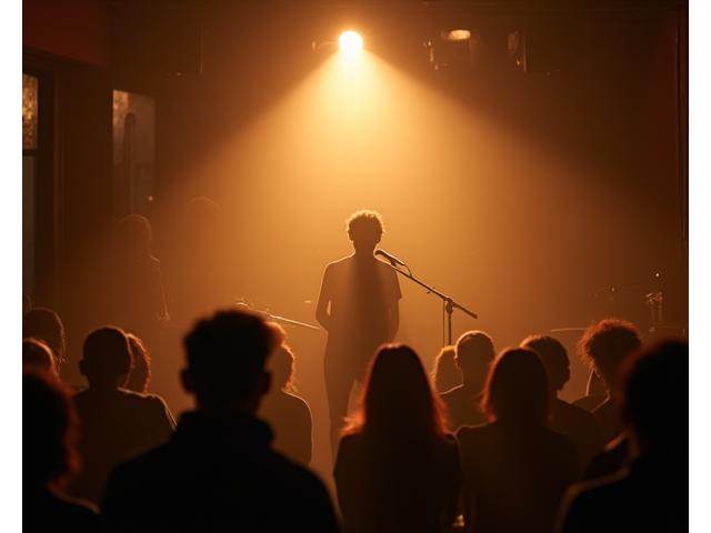 A spotlight on a small stage where someone is performing poetry at an open mic night in a cozy cafe, with an engaged audience.