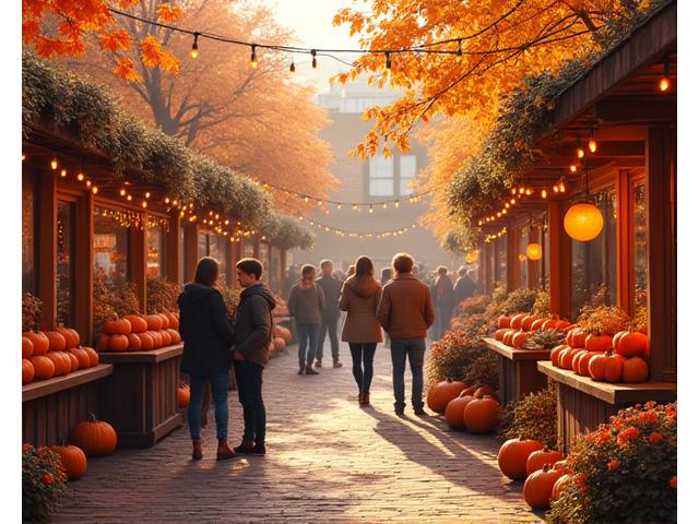 People gathered at a vibrant autumn harvest festival event in a cafe courtyard, enjoying warm drinks and artisanal food stalls.