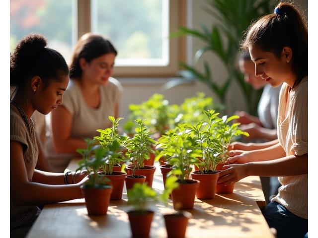 Community members participating in a plant potting workshop, surrounded by potted plants and gardening tools, emphasizing sustainable living.