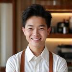 Friendly male barista, Liam Chen, serving a customer with a warm smile.