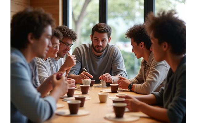 A diverse group of people engaged in a coffee cupping session, carefully smelling and tasting coffee, guided by an expert barista.