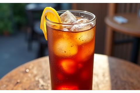 A glass of cold brew coffee with ice, condensation, and a slice of orange, on a rustic wooden table.