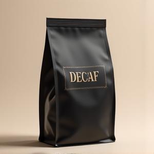 A sophisticated black coffee bag with 'Decaf' elegantly embossed, suggesting premium taste without the caffeine.