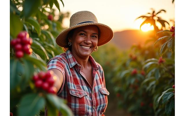 A coffee farmer proudly showing ripe coffee cherries on a vibrant green plant in a sustainable, lush coffee plantation.