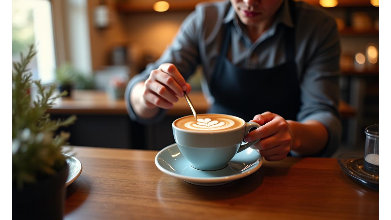 Expert barista meticulously pouring a latte with perfect latte art in a bustling coffee shop environment.