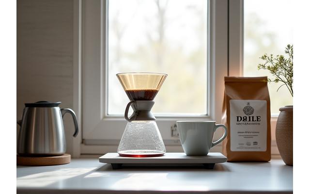 A stylish home coffee brewing setup with a Chemex, precision scale, and freshly ground coffee, bathed in natural light.