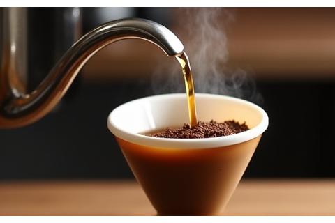 Close-up of a barista performing a pour-over coffee, with hot water dripping precisely over coffee grounds in a conical dripper.