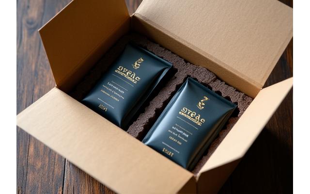 An open box filled with aesthetically packaged coffee bags, brewing accessories, and a card with tasting notes, ready for delivery.