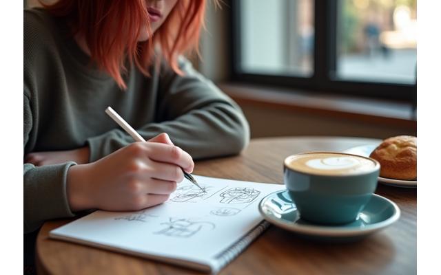 Artist sketching in notebook with coffee cup on table