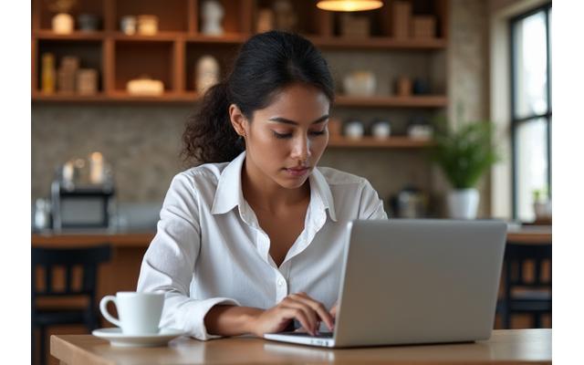 Business professional working on laptop at coffee shop table