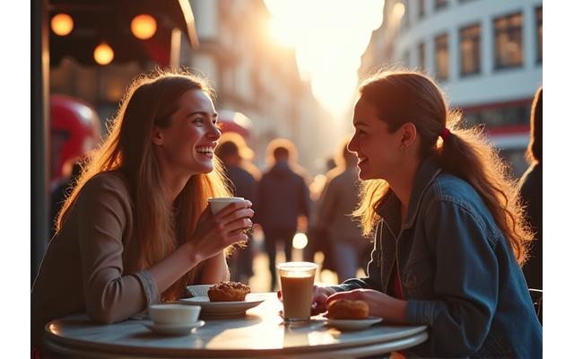 Tourist couple enjoying coffee outside café in Piccadilly Circus