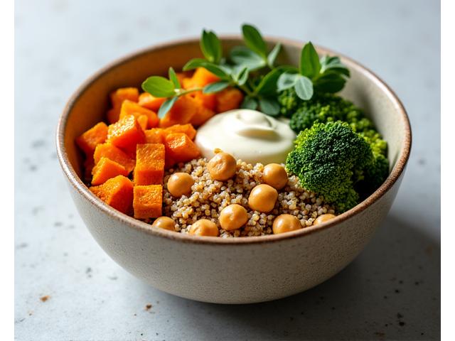 A colourful quinoa grain bowl topped with roasted vegetables, chickpeas, and a drizzle of dressing.