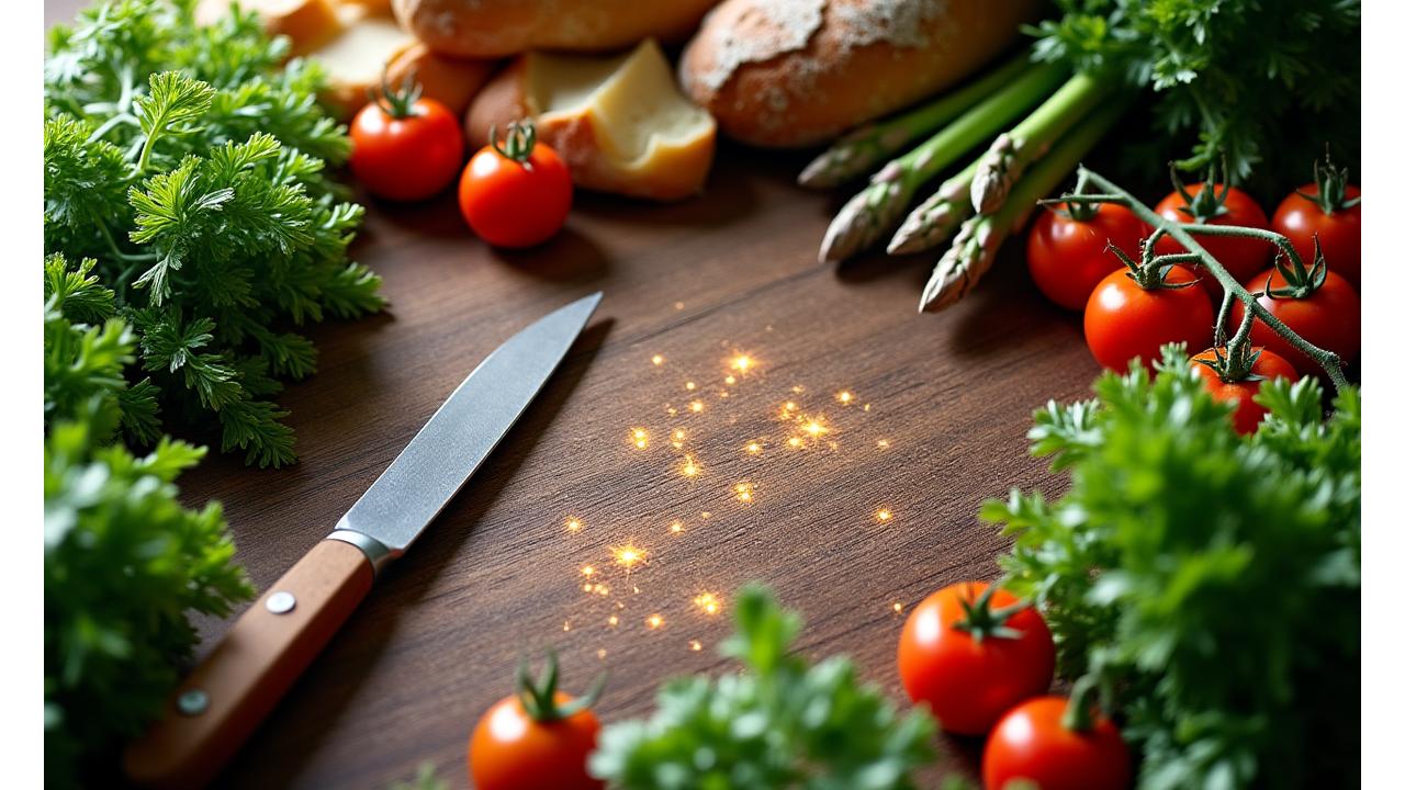 An overhead shot of fresh seasonal vegetables and artisan bread on a rustic wooden table, with a blurred map of London in the background highlighting food sources.