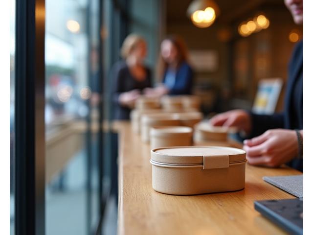 A person quickly picking up a pre-packaged eco-friendly lunch box from a cafe counter.