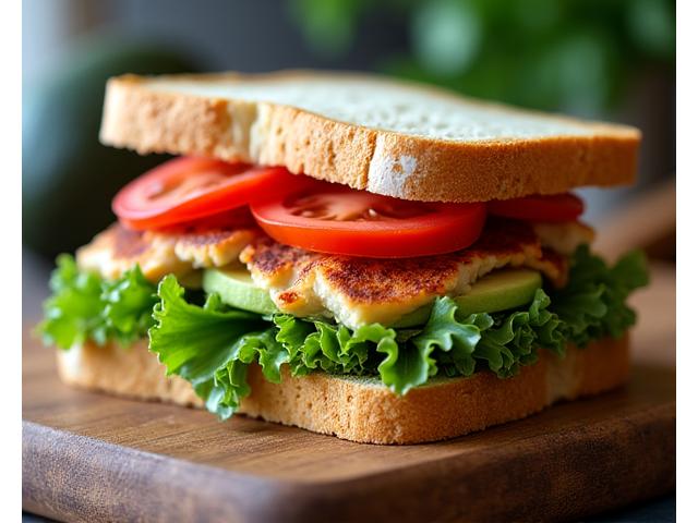 Artisanal chicken and avocado sandwich on house-baked sourdough bread with fresh greens.
