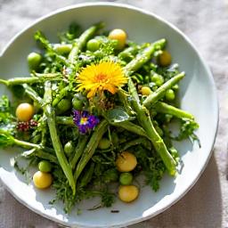 A vibrant Spring salad with fresh asparagus, peas, and edible flowers.