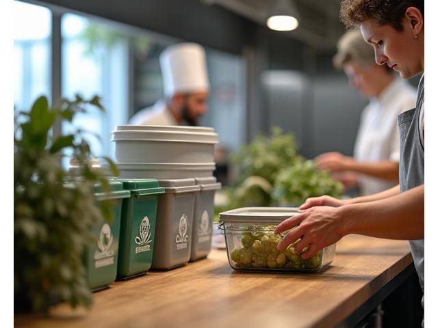A clean, modern professional kitchen featuring sustainable practices like composting bins and reusable containers.
