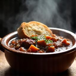 A comforting winter stew with chunky vegetables and rustic bread.
