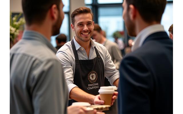Barista serving coffee at a corporate conference in a modern London office.