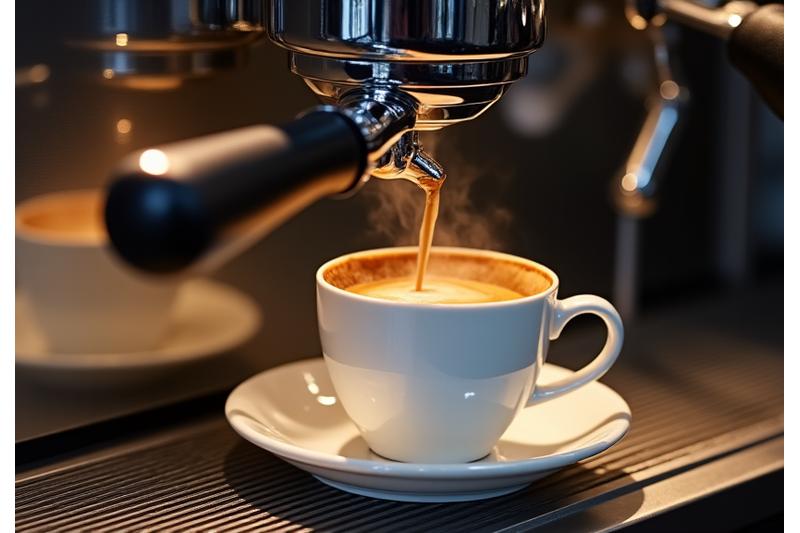 Close-up of a high-end mobile espresso machine with steaming milk, in an event setting.