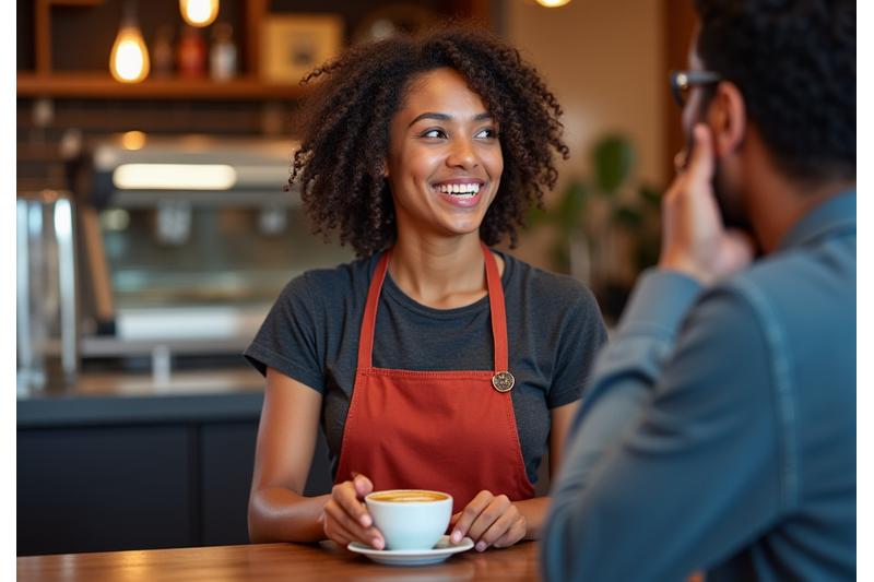 Friendly Daily Grind & Bean Co. barista engaging with a customer at a mobile coffee bar, smiling.