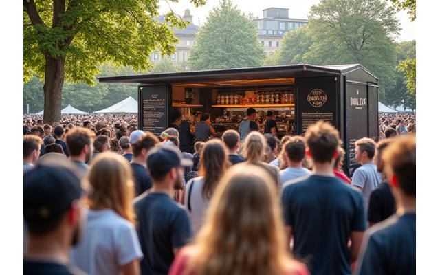 Busy mobile coffee stand at a vibrant outdoor festival in a London park.