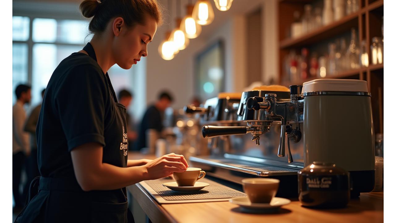 Professional mobile espresso bar being set up at an elegant London event, with a barista preparing coffee.