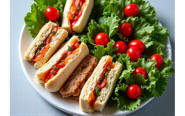 Variety of gourmet mini-sandwiches and fresh salads on a catering platter.