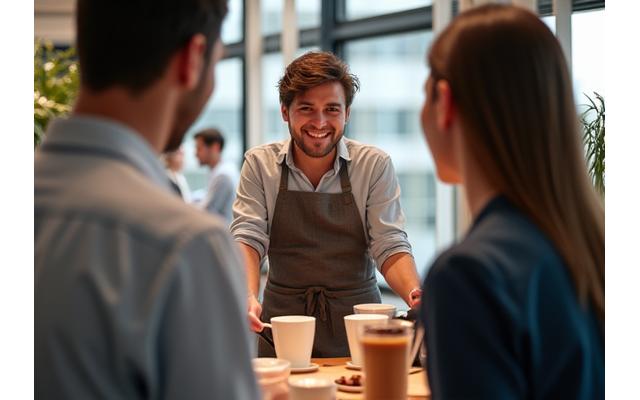 Barista serving coffee to smiling office employees at an office coffee station.