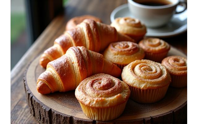 Assortment of freshly baked croissants, pain au chocolat, and muffins on a wooden board.