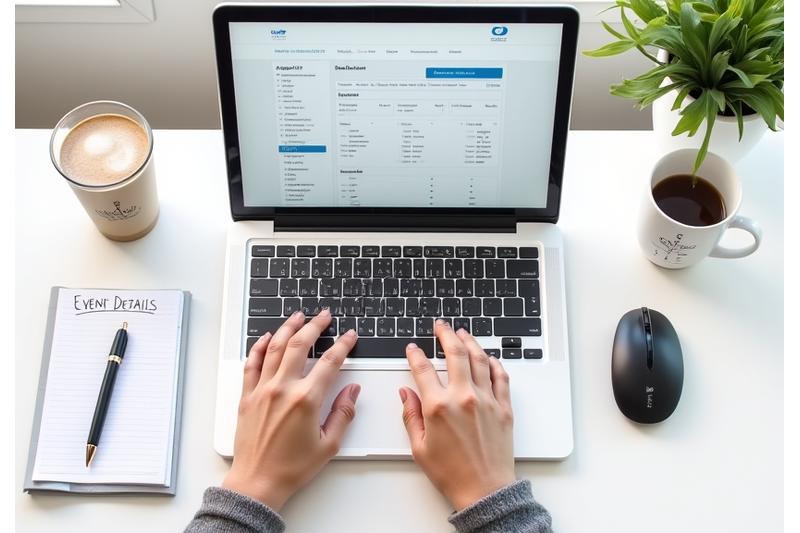 Hand writing on a notepad titled 'Event Details' next to a laptop showing a booking calendar.