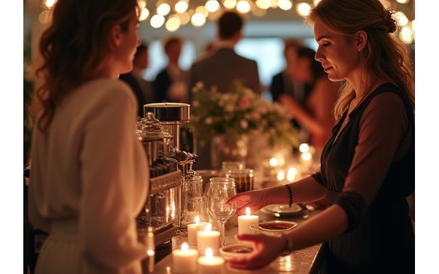 Elegant mobile coffee bar set up at a wedding reception, serving guests.