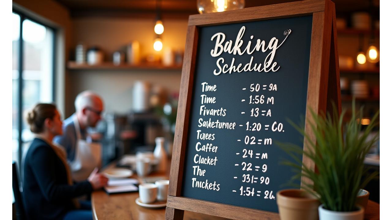 Baking schedule board in a rustic cafe, indicating fresh pastry times