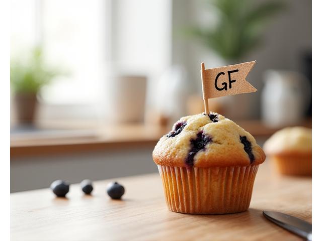Gluten-free muffin with a label, displayed in a bright kitchen