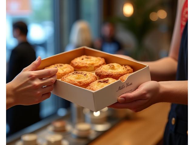 Customer picking up a beautifully packaged box of pastries from a cafe counter