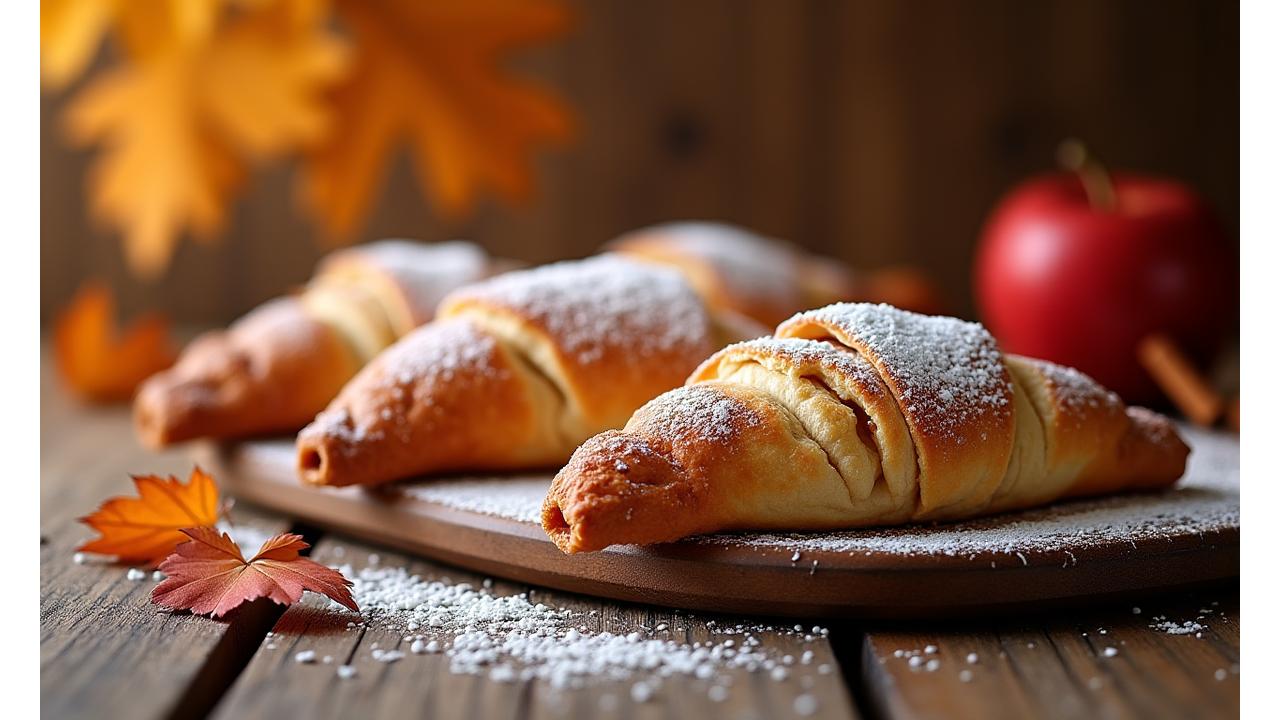 Warm apple and cinnamon turnover with a dusting of powdered sugar