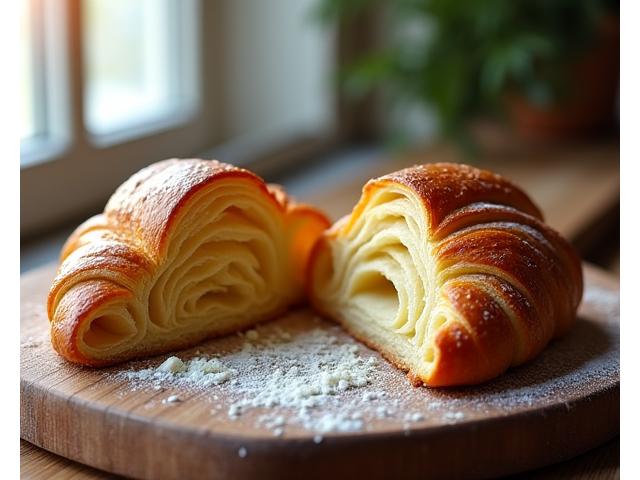 Perfectly golden, flaky French croissant on a rustic wooden board