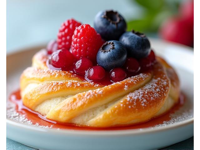 Vibrant fruit Danish pastry with a sweet glaze and fresh berries