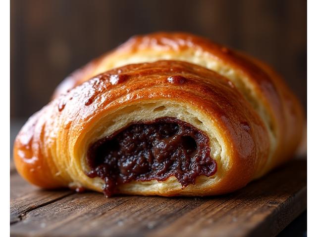 Rich, dark chocolate pain au chocolat, freshly baked and glistening